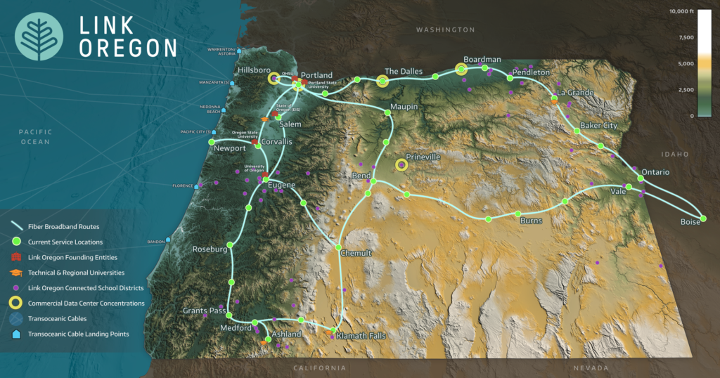 Link Oregon Network Map showing fiber complete service locations
