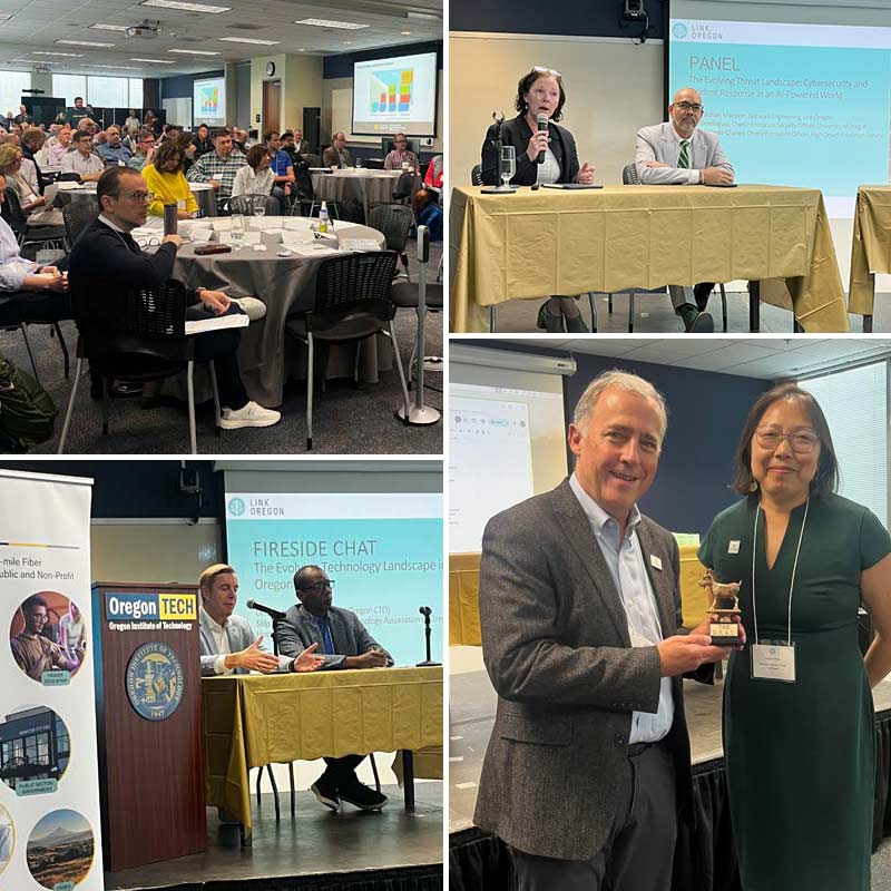 A collage of 4 pictures of people attending a conference